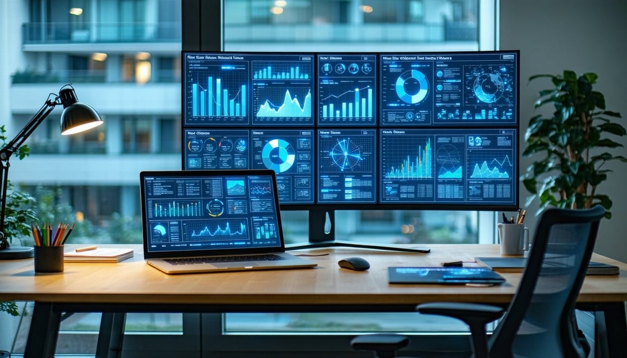 A modern welllit office workspace showcasing a dramatic before and after transformation of business efficiencyFeatures a clean organized workspace with a sleek ultrawide monitor displaying multiple windows of data dashboards and graphs in blue and wh