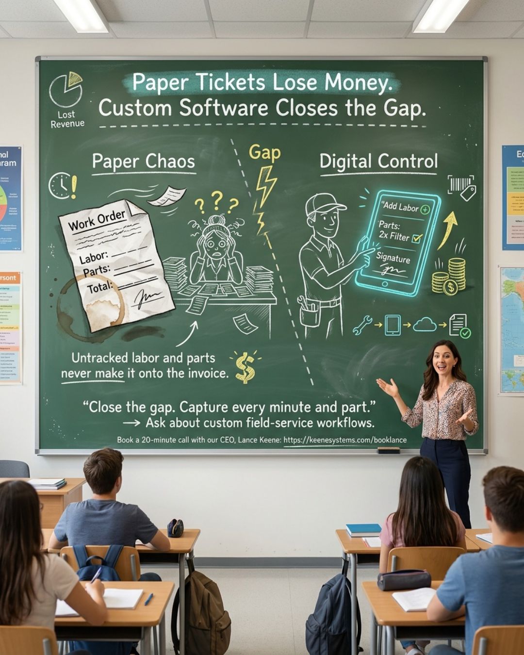 Paper tickets lose jobs. A field-to-invoice web app makes sure every part and hour gets billed.