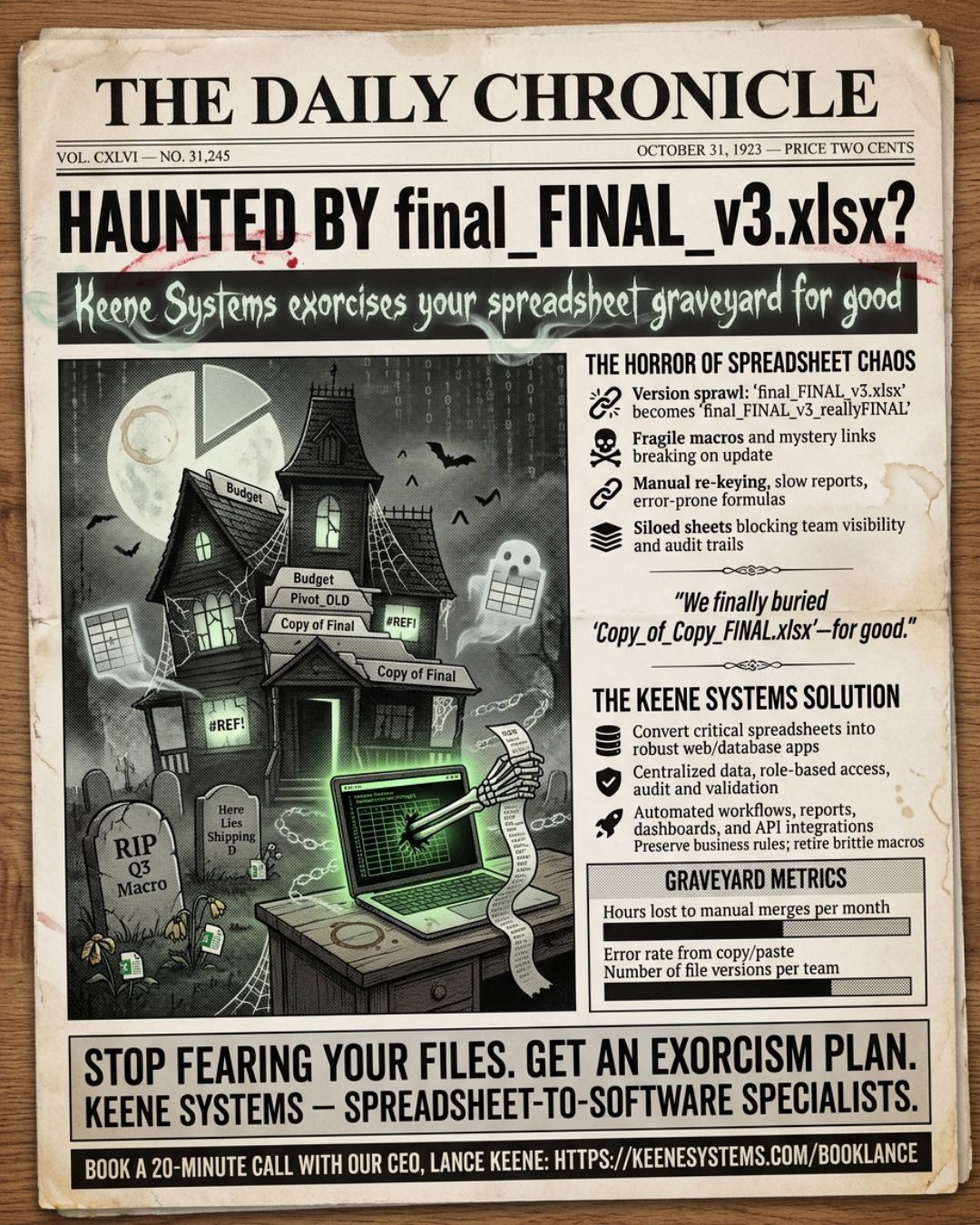 Haunted by "final_FINAL_v3.xlsx"? Keene Systems exorcises the spreadsheet graveyard for good.